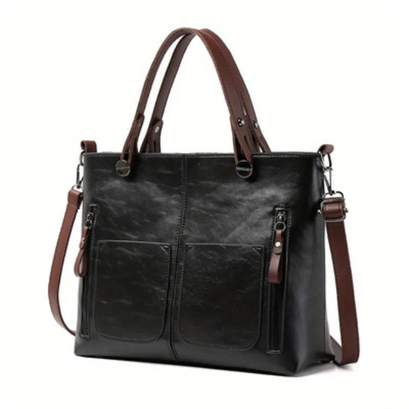 Vintage Vegan Leather Large Capacity Tote Bag with Utility Pockets