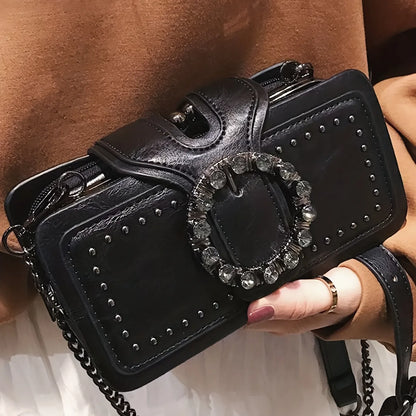 Vintage Studded Vegan Leather Crossbody Clutch with Crystal Buckle