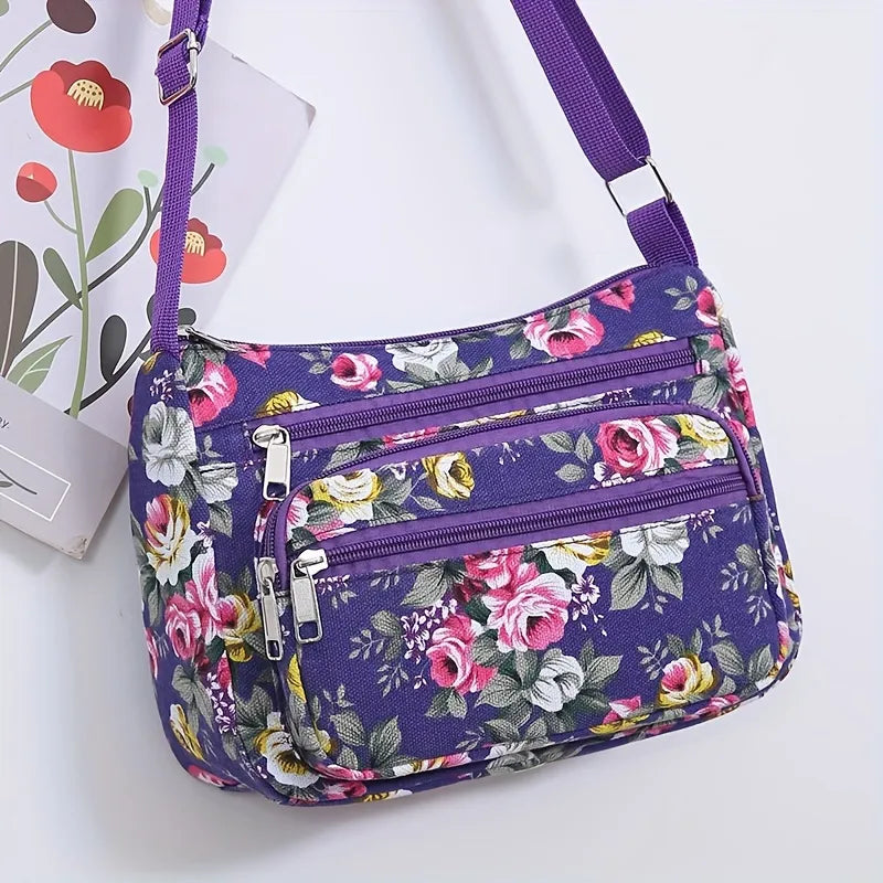 Bohemian Floral Canvas Multi-Pocket Crossbody Bag for Daily Commute