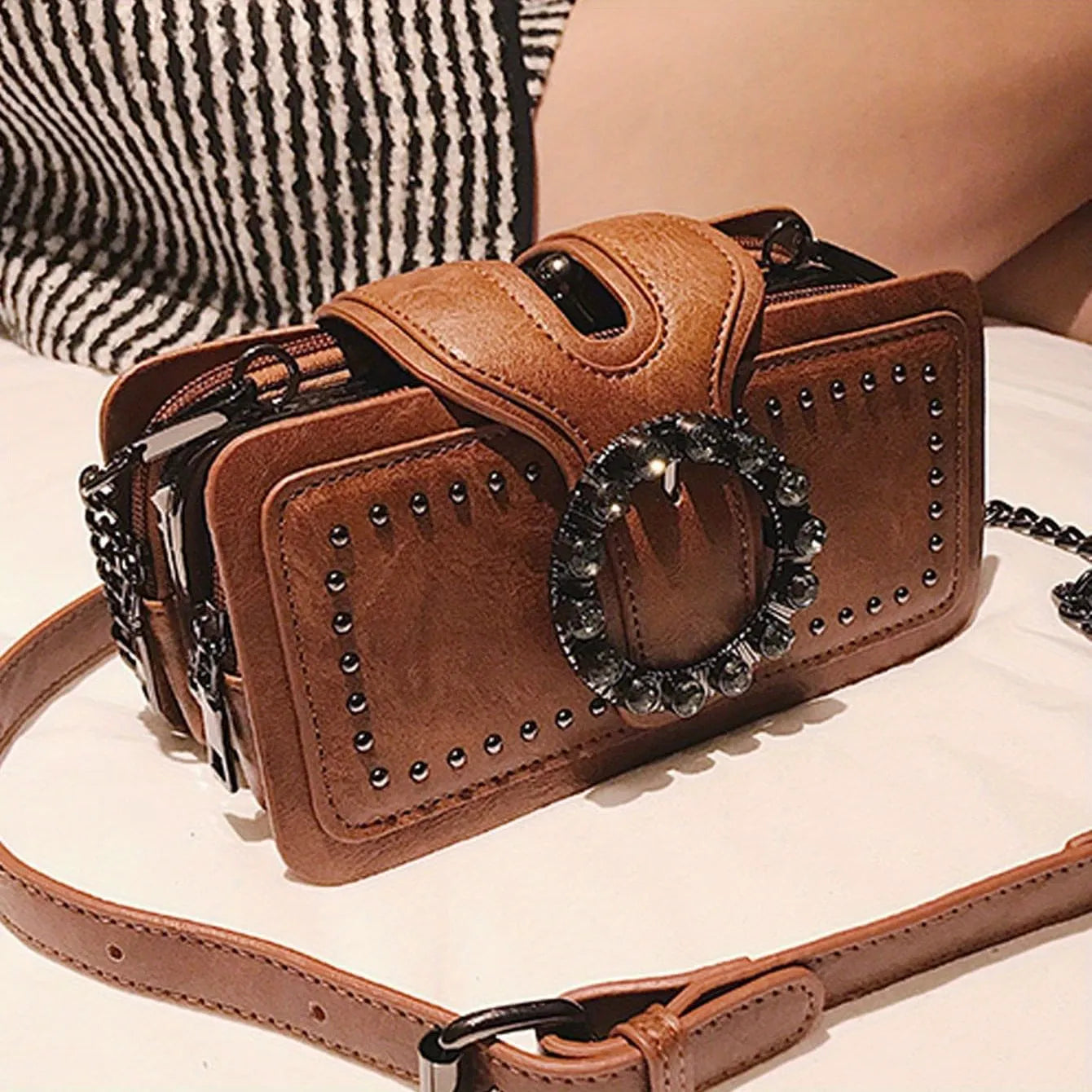 Vintage Studded Vegan Leather Crossbody Clutch with Crystal Buckle