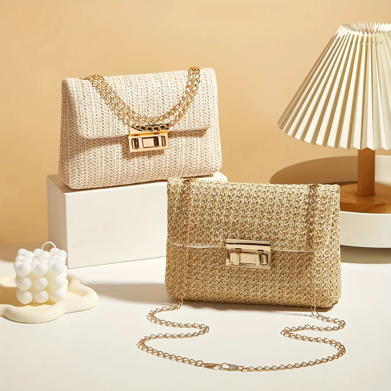 Handwoven Straw Crossbody Bag with Elegant Gold Chain Strap