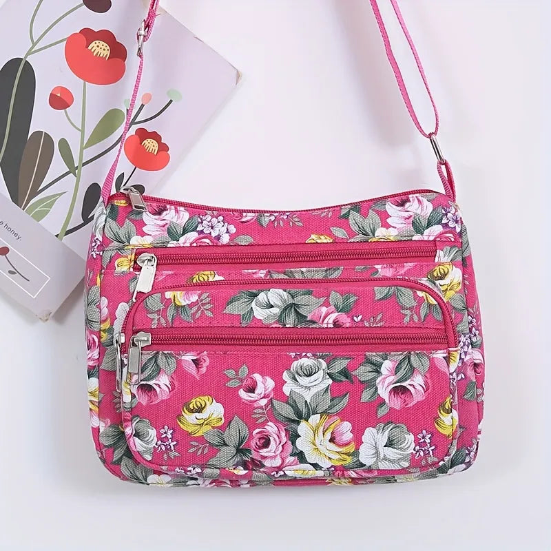 Bohemian Floral Canvas Multi-Pocket Crossbody Bag for Daily Commute