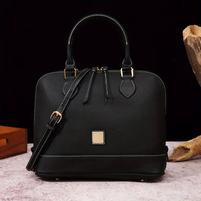 Structured Lychee Pattern Vegan Leather Handbag with Contrast Trim