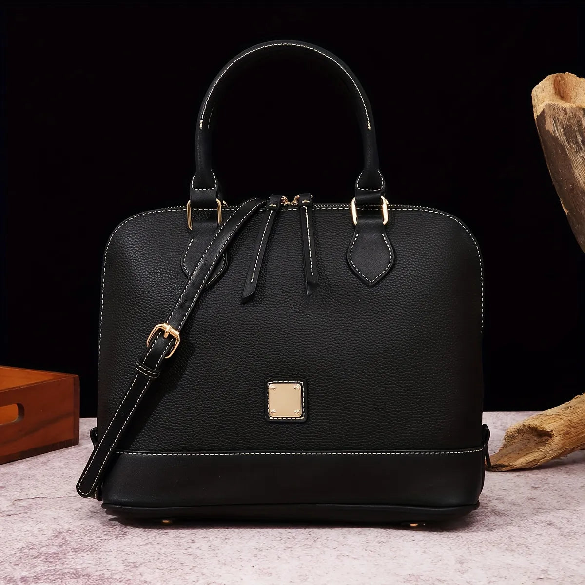 Structured Lychee Pattern Vegan Leather Handbag with Contrast Trim
