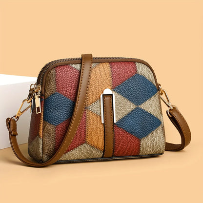 Geometric Patchwork Vegan Leather Mini Crossbody Bag