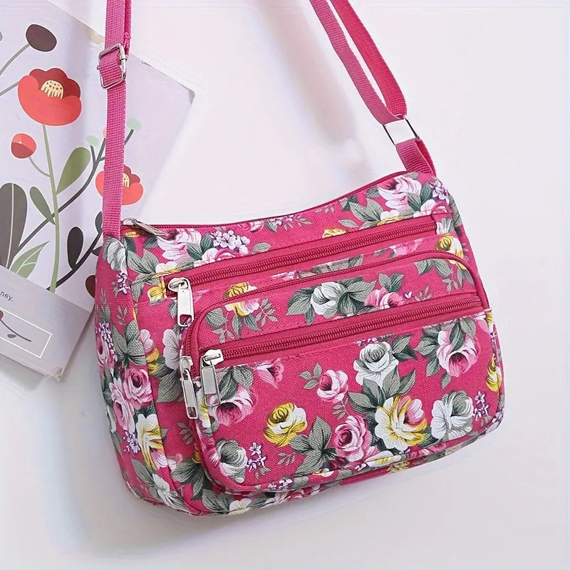 Bohemian Floral Canvas Multi-Pocket Crossbody Bag for Daily Commute