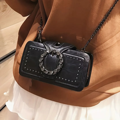 Vintage Studded Vegan Leather Crossbody Clutch with Crystal Buckle