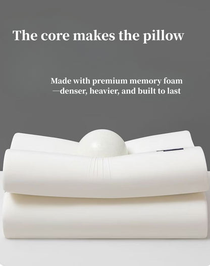 Layered structure of zero pressure memory foam pillow showing inner foam and outer breathable cover