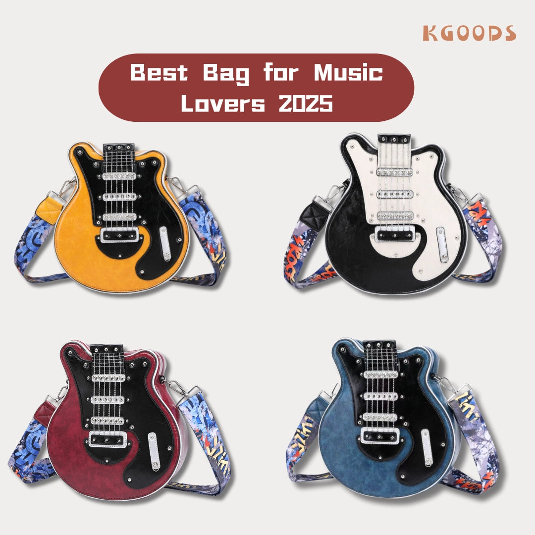 Outdoor shot of the StrumMuse guitar-shaped purse in use