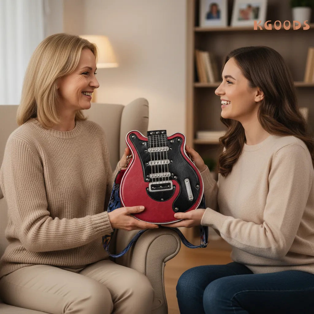 Model wearing StrumMuse guitar crossbody purse on street