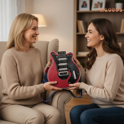 Model wearing StrumMuse guitar crossbody purse on street
